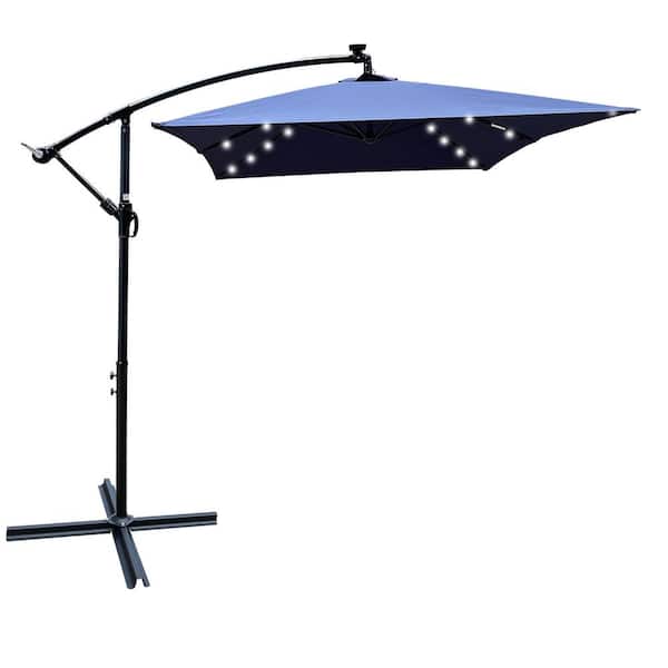 10 ft. x 6.5 ft. Steel Cantilever Solar Patio Umbrella in Navy Blue with 26 Solar LED Lights and Cross Base Stand