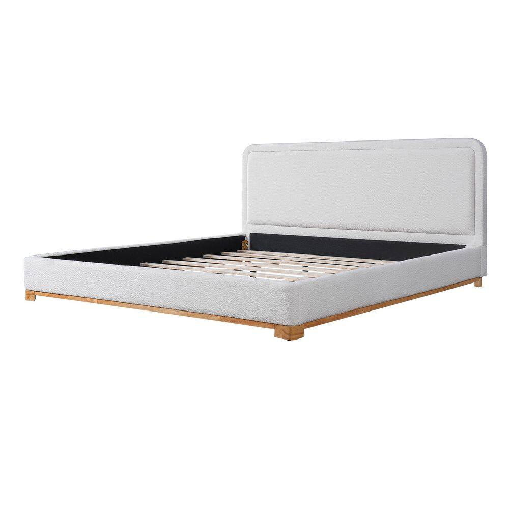 White Wood Frame King Size Soft Boucle Upholstered Platform Bed with Solid Rubber Wood Base and Legs - thumbnail 4