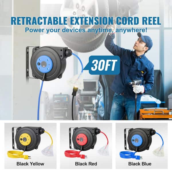 30 ft., 16 Gauge / 3 Conductors, 10 Amps Retractable Extension Cord Reel with 3-Outlets. Heavy Duty 16AWG/3C SJTOW Cord