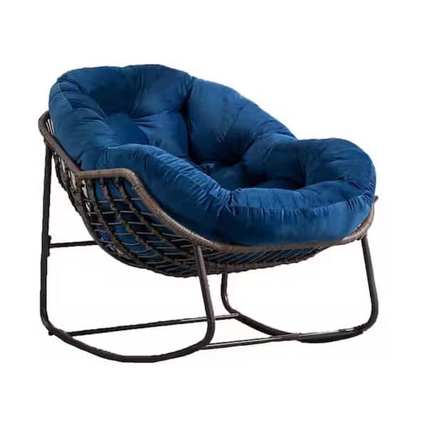 Unbranded Wicker Outdoor Rocking Chair Padded Cushion Rocker Recliner Chair with Navy Blue Cushion for Front Porch, Patio, Garden