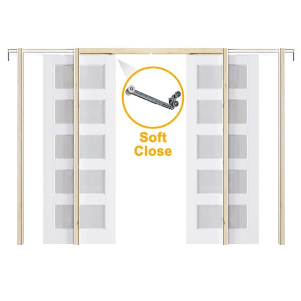 60 in. x 80 in. 5-Lite Glass White Primed MDF Pocket Sliding Door with Pocket Door Hardware Kit (Soft Close Included)