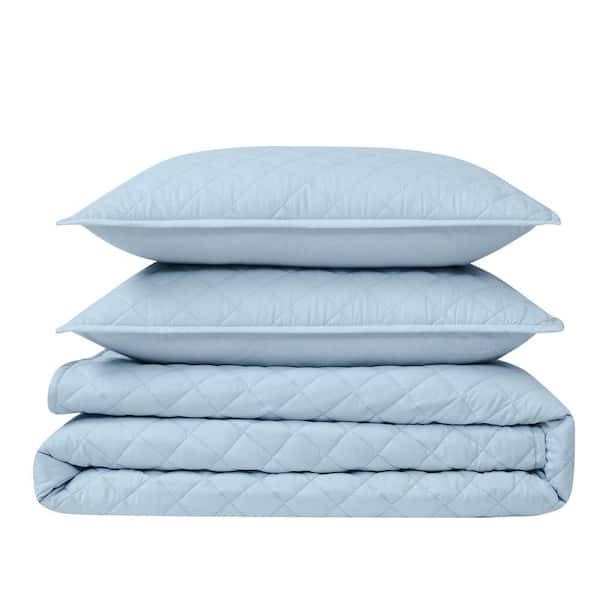 CANNON 3-Piece Light Blue Solid Cotton Percale Full/Queen Quilt Set