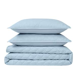 3-Piece Light Blue Solid Cotton Percale King Quilt Set