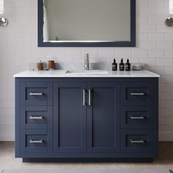 Wyndham Collection Miranda 54 in. W x 22 in. D x 33.75 in. H Single Sink Bath Vanity in Dark Blue with White Carrara Marble Top and Mirror