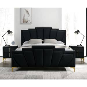 Cedarbrook 3-Piece Art Deco Black Upholstered Metal King Bedroom Set with 2-Nightstands