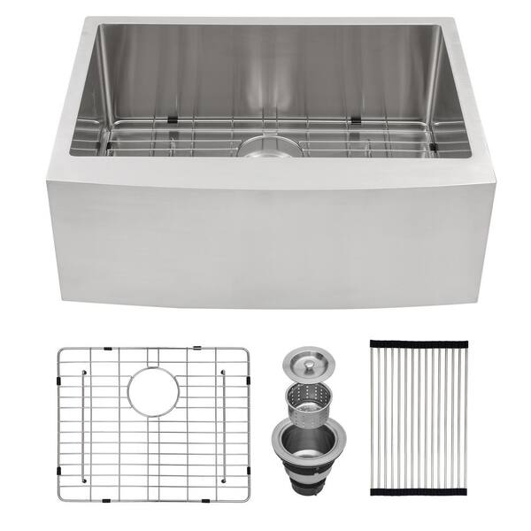 grossag 30 in. Farmhouse/Apron-Front Single Bowl 16 Gauge Brushed Nickel Stainless Steel Kitchen Sink with Basket Strainer