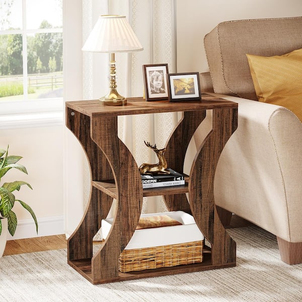 BYBLIGHT Kerlin 24 in. Rustic Brown Rectangle Engineered Wood End Table with Storage Shelves,Accent Table for Living Room,Bedroom
