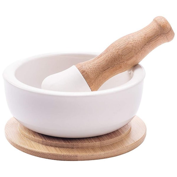 Unglazed White Ceramic Mortar and Pestle Set with Bamboo Handle for Spice Grinding and Herb Crushing Kitchen Tool