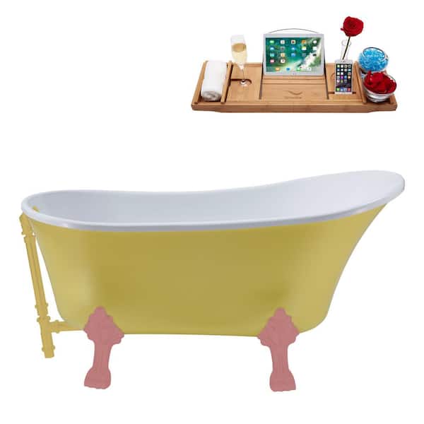 Streamline 55 in. x 26.8 in. Acrylic Clawfoot Soaking Bathtub in Matte Yellow with Matte Pink Clawfeet and Brushed Gold Drain