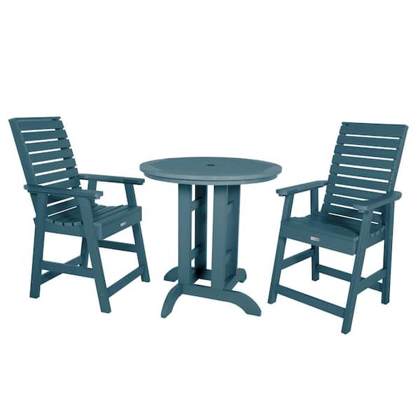 Highwood Weatherly Nantucket Blue 3-Piece Recycled Plastic Round Outdoor Balcony Height Dining Set