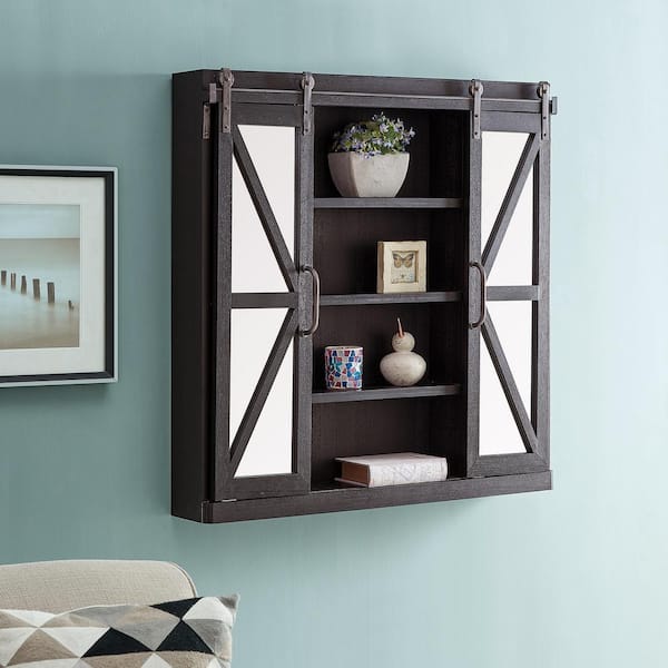 FirsTime & Co. 34 in. x 5.5 in. x 33 in. Square Wood Black Mirrored Westerly Farmhouse Barn Door Accent Cabinet