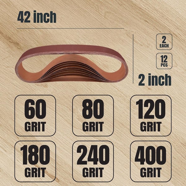 POWERTEC 2 in. x 42 in. 60/80/120/180/240/400-Grit Sanding Belt Assortment for Belt Sander, Belt and Disc Sander (12-Pack)