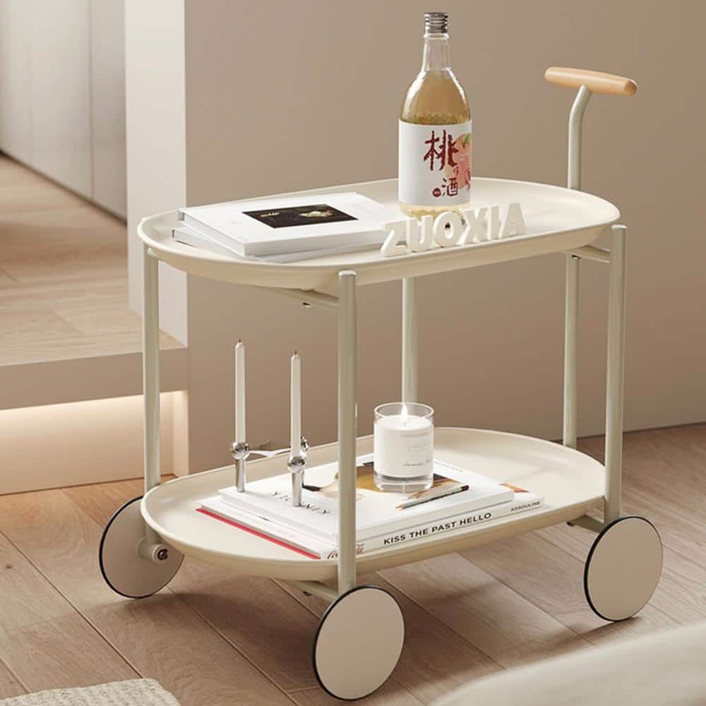 Cream Movable Small Pushcar Serving Cart with Double-layer Storage and Whee
