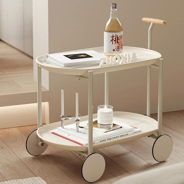 Unbranded Cream Movable Small Pushcar Serving Cart with Double-layer Storage and Wheels
