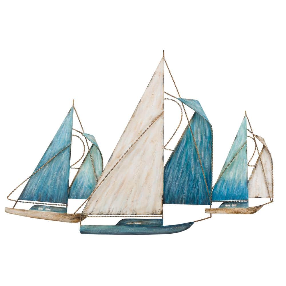 Azure Regatta Blue and White Metal Sailboat Wall Sculpture