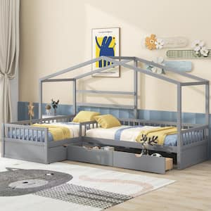 Gray Twin Size L-Shaped Platform Beds with 3 Drawers