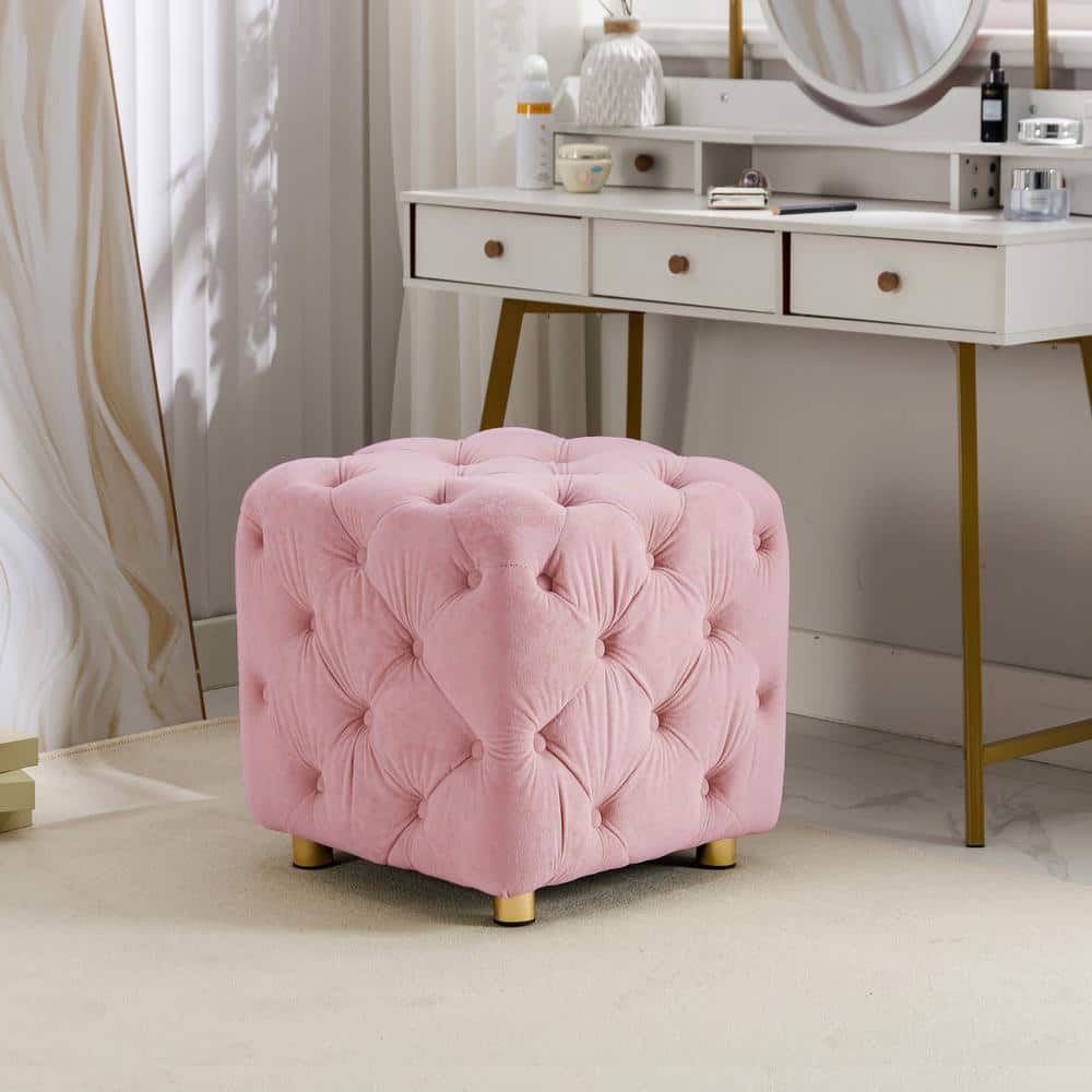 Pink Velvet Tufted Button Round Ottoman Stool