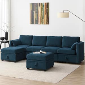 109 in. W 6-piece U Shaped Chenille Modular Sectional Sofa in Blue with Adjustable Armrests, Backrests and Storage Seats