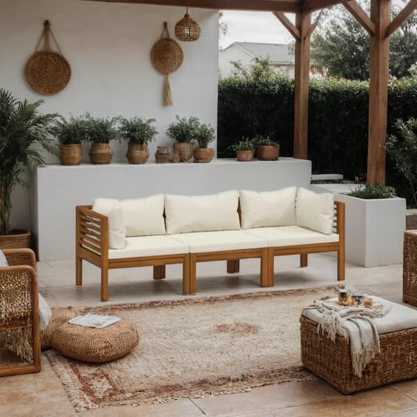 3-Piece Brown Wood Outdoor Modular Sectional Sofa with Cream Cushions