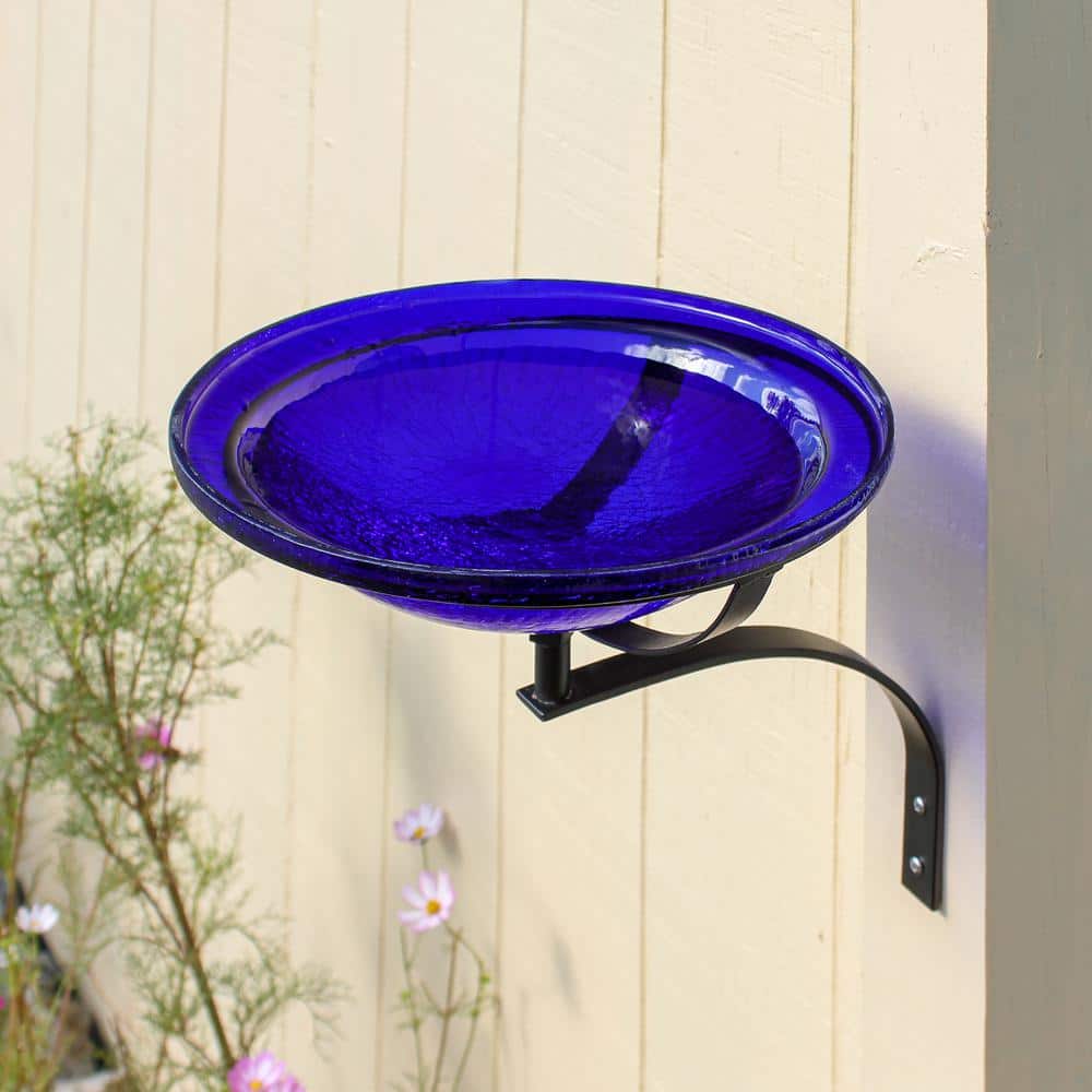 Cobalt Blue Crackle Glass Wall-Mounted Birdbath with Iron Bracket