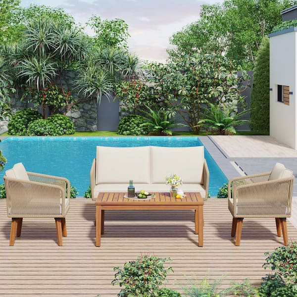 4 Pieces Patio Furniture Set, Wood Outdoor Sectional Set with Beige Cushions for Backyard, Poolside, Garden