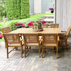 Brown 9-Piece Outdoor Patio Dining Set With Acacia Rectangular Table and Acacia wooden Chairs