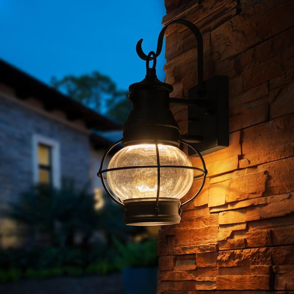 Acerbis 13.78 in. 1-Light Black Integrated LED Outdoor Wall Lantern Sconce with Caged Seeded Glass