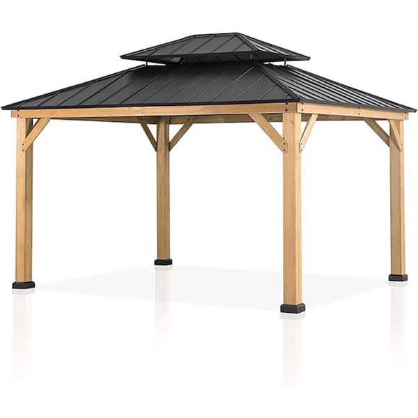 13 ft. x 11 ft. Black Wooden Hardtop Gazebo with Galvanized Steel Double Roof and Curtain Netting for Backyard