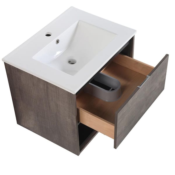 AOPSPS 24 in. W x 18 in. D x 20 in. H Floating Bath Vanity in Brown with White Ceramic Top Single Sink