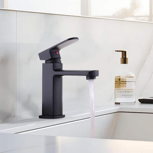 Modern Single Handle Single Hole Brass Bathroom Faucet with Push-Up Pop-Up Drain in Matte Black