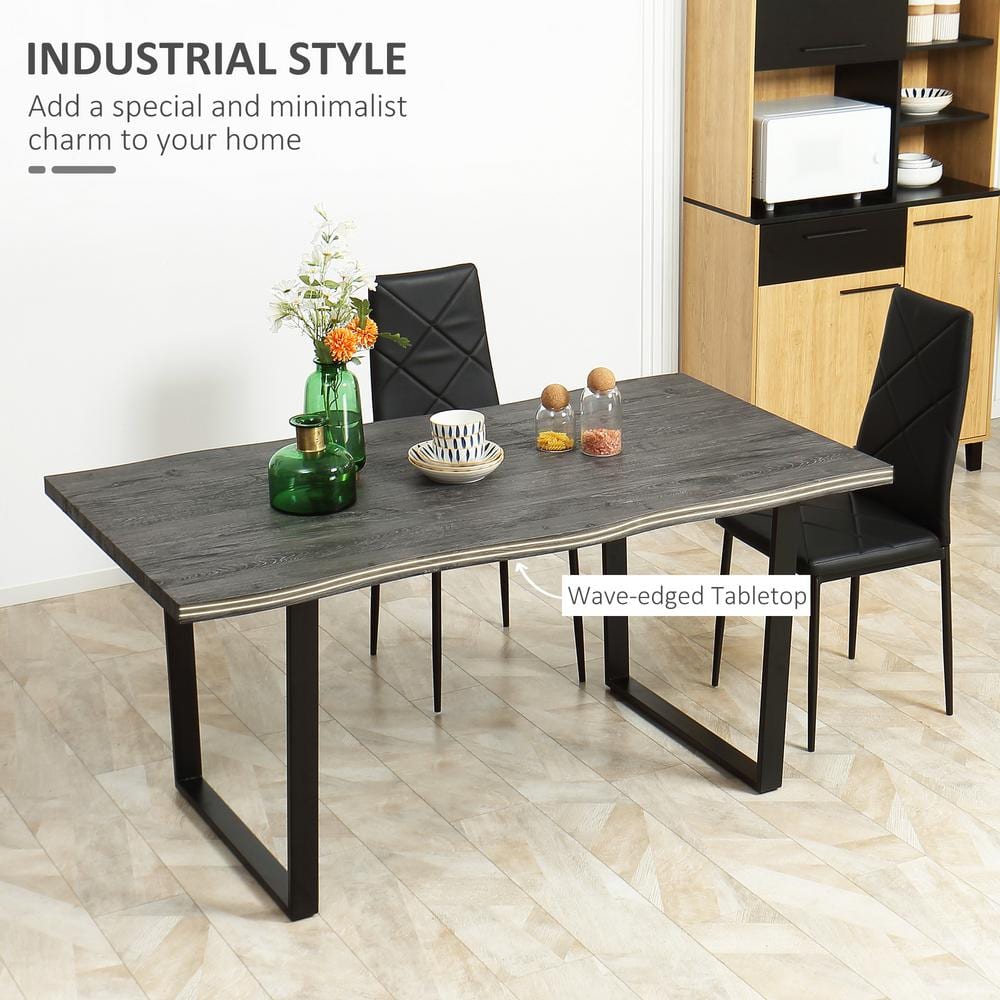 Wavy-Edge Gray Wood Dining Table with Steel Legs for Six