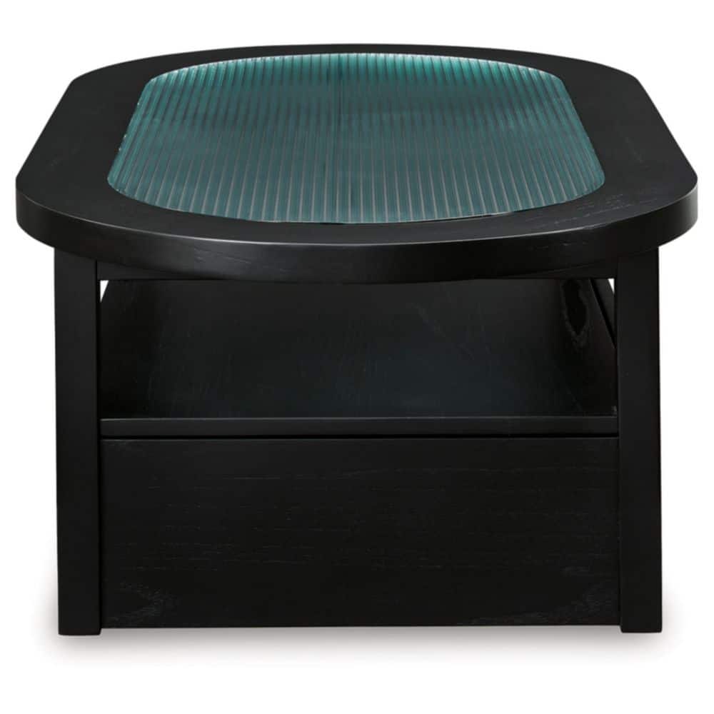 Black Oval Wood and Glass Lift-Top Coffee Table with Storage