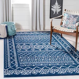 Tulum Navy/Ivory 3 ft. x 3 ft. Square Tribal Distressed Border Area Rug