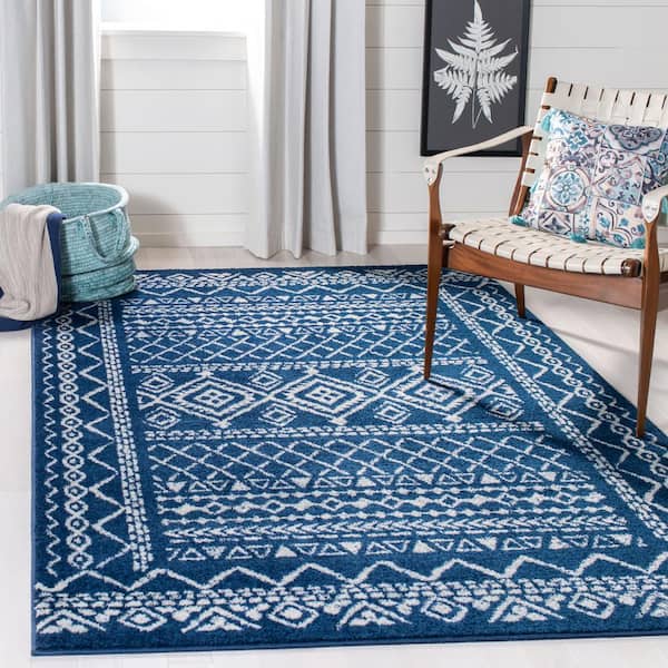 Tulum Navy/Ivory 5 ft. x 5 ft. Square Tribal Distressed Border Area Rug