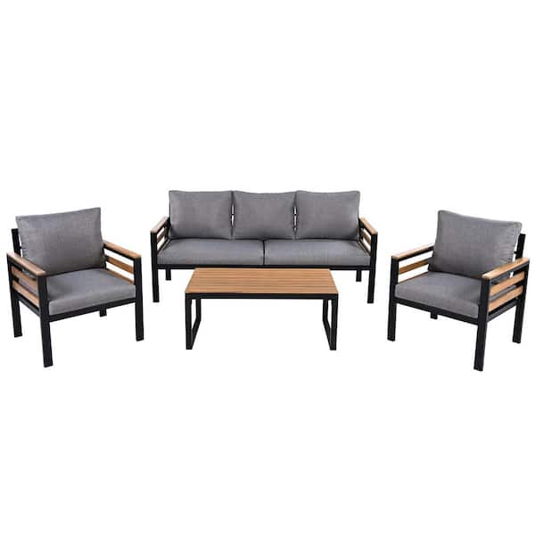 Sudzendf 4-Pieces Black Metal Outdoor Patio Sofa Sectional Set with Removable Gray Cushions