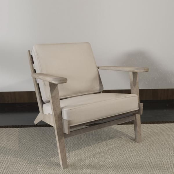 THE URBAN PORT Amber Beige Fabric Arm Chair with Handcrafted Washed Ash Gray Mango Wood and Angled Legs