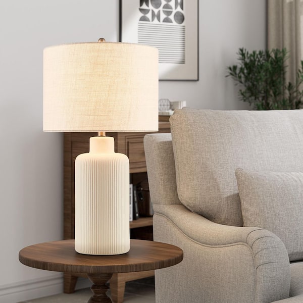 25.25 in. Cream Contemporary Ceramic Table Lamp for Living Room with Beige Linen Shade