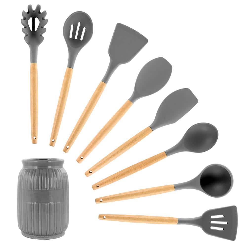 Gray Silicone and Wood 9-Piece Cooking Utensil Set