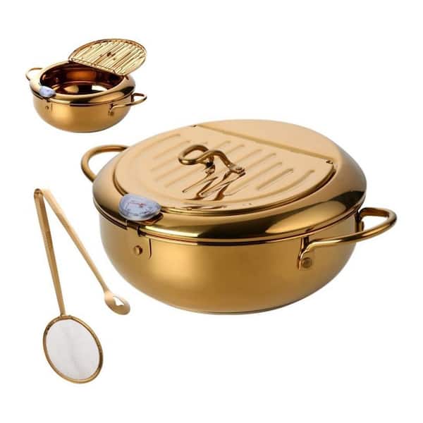1-Piece Gold Stainless Steel Deep Fryer Pot with Thermometer Oil Rack Strainer Clip Induction Gas Compatible Set