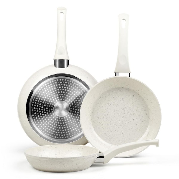 Kitchen Tools 11 in Ceramic Nonstick Frying Pan Set 3 Piece White Marble Finish Aluminum Healthy Coating Induction