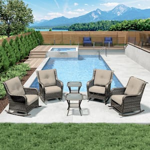 6-Piece Brown Wicker Outdoor Rocking Chair with Beige Cushions