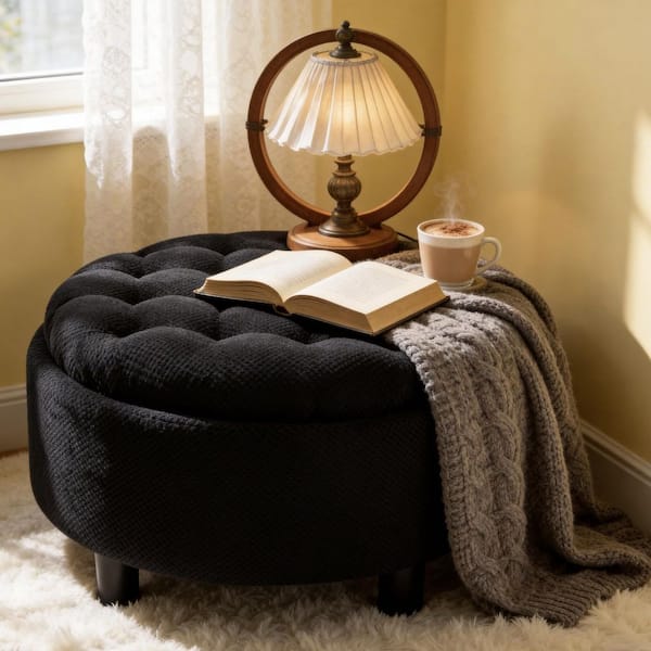 Warrior Black 25 in. Round Polyester Storage Ottoman, Nailhead Trim Ottoman, Tufted Footstool, Coffee Table