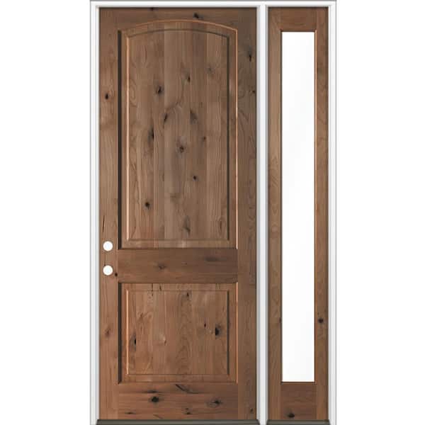 Krosswood Doors 46 in. x 96 in. Knotty Alder 2-Panel Arch Right-Hand/Inswing Clear Glass True Black Stain Wood Prehung Front Door w/RFSL