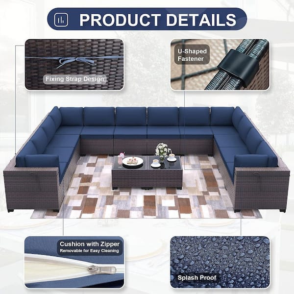 14-Piece Brown Wicker Outdoor Sectional Set with Glass Coffee Table and Navy Blue Cushions, Patio Chat, PE Rattan