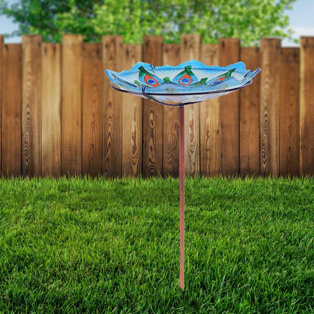 Turquoise Glass Bird Bath with Stand and Deck Clamp