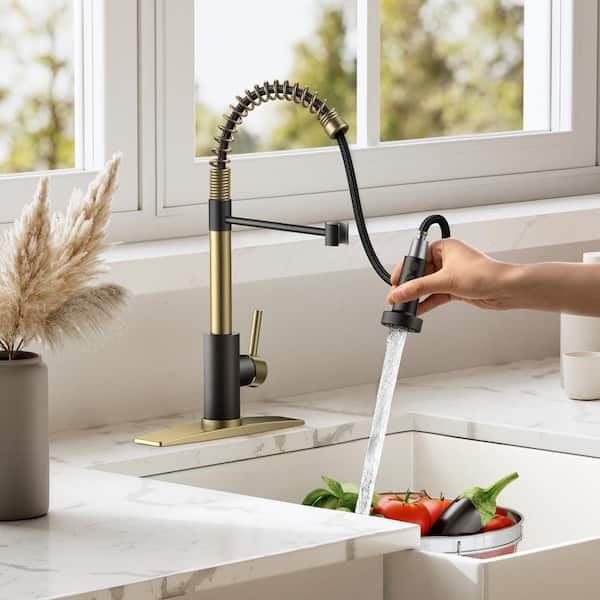 Single Spring Handle Kitchen Faucet with Pull Down Function Sprayer Kitchen Sink Faucet with Deck Plate in Black Gold