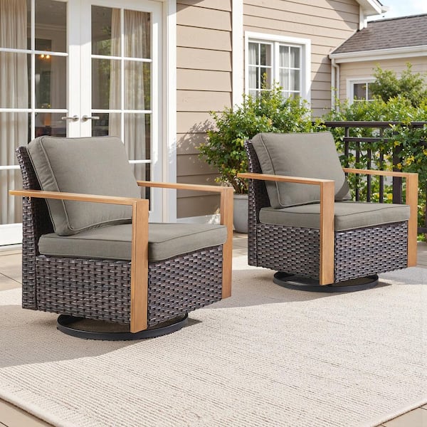 Allcot Brown Wicker Patio Swivel Chair Set Outdoor Rocking Chair with CushionGuard Gray Cushions (2-Pack）