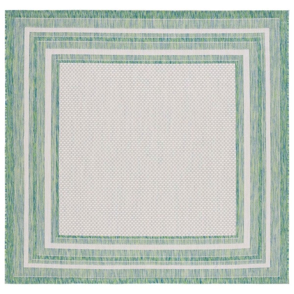 Courtyard Ivory/Green 7 ft. x 7 ft. Solid Color Striped Indoor/Outdoor Square Area Rug