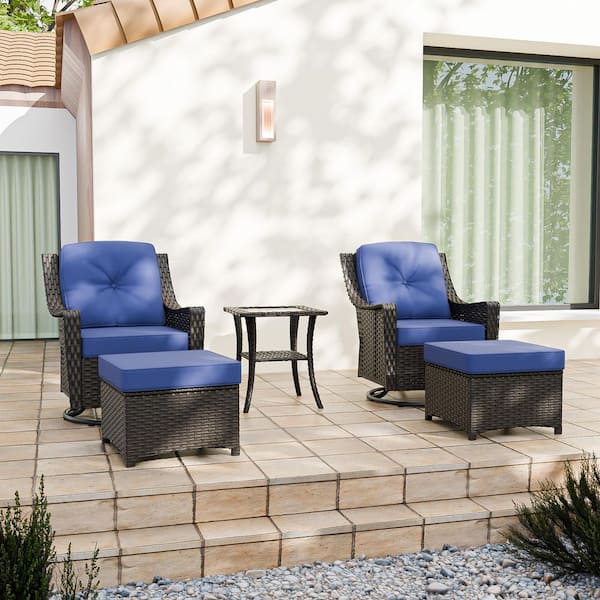 Brown 5-Piece Wicker Patio Conversation Set with Swivel Rocking Chairs, Outdoor Sofa Seating Set with Blue Cushions