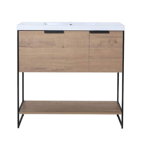 Unbranded Farmhouse 36 in. W x 18 in.D x 34 in.H Bath Vanity in Oak with White Resin TOP Undermount Sink
